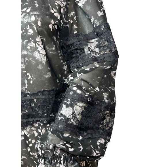 DKNY Blouse M Black White Speckled Lace Trim Long Sleeves Ruffle Neck Ties Sheer - Picture 12 of 16